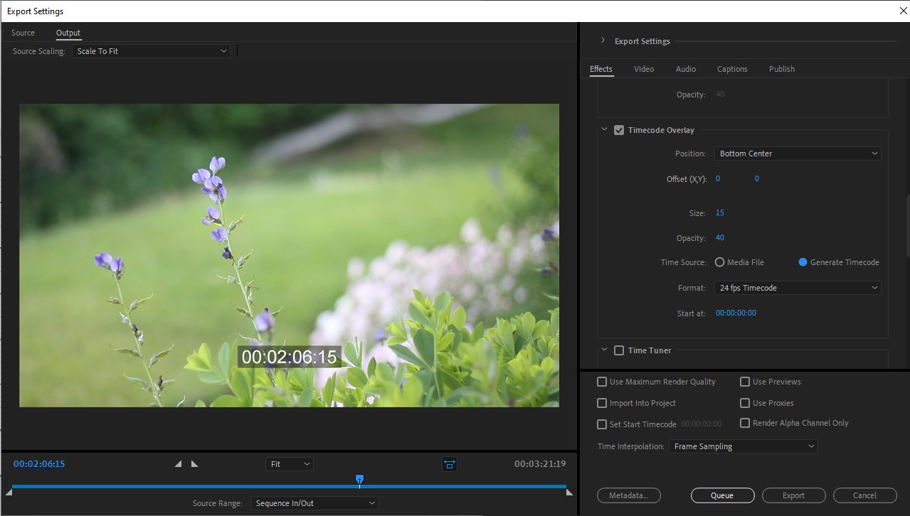 Опция Timecode Overlay в меню экспорта Premiere Pro