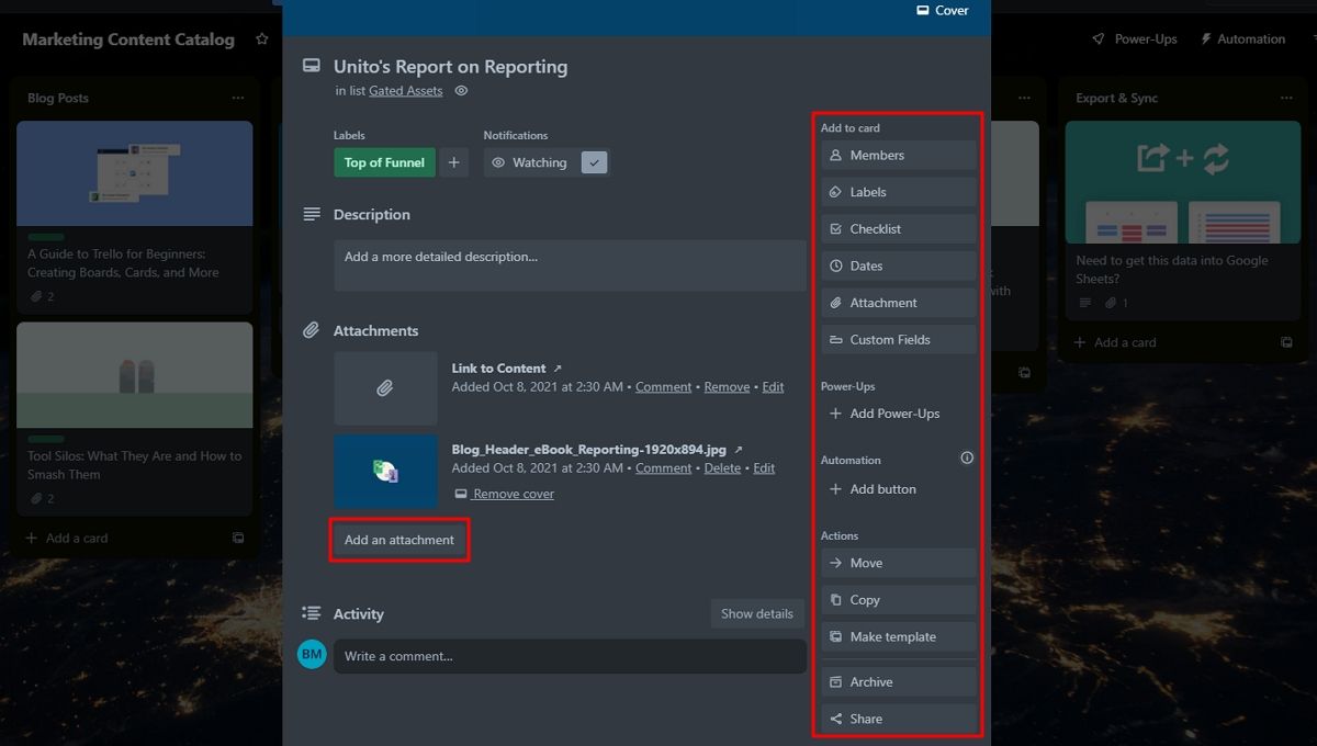 Дополнительные детали карточки: метки, сроки, вложения