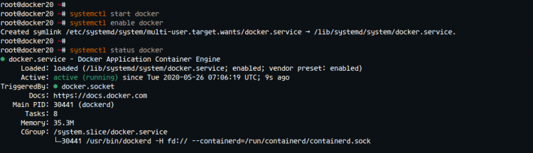 Старт службы Docker и её статус