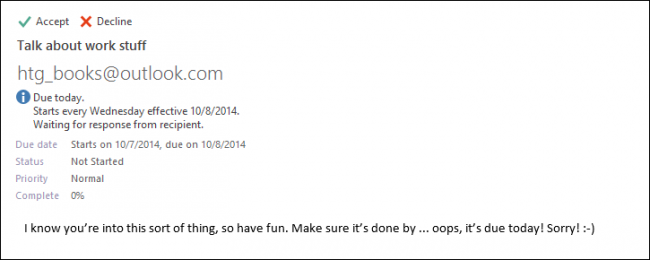 Принятие назначенной задачи получателем через интерфейс Outlook