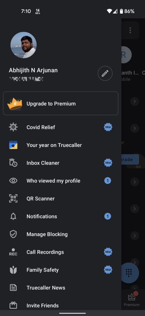 Profilo utente Truecaller nell'app