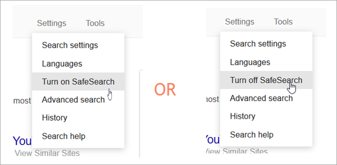 включение и отключение SafeSearch в результатах поиска