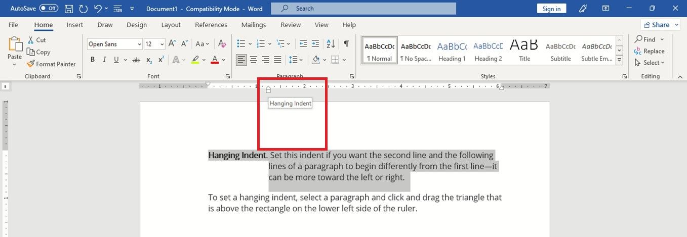 Установка висячего отступа на линейке в Word