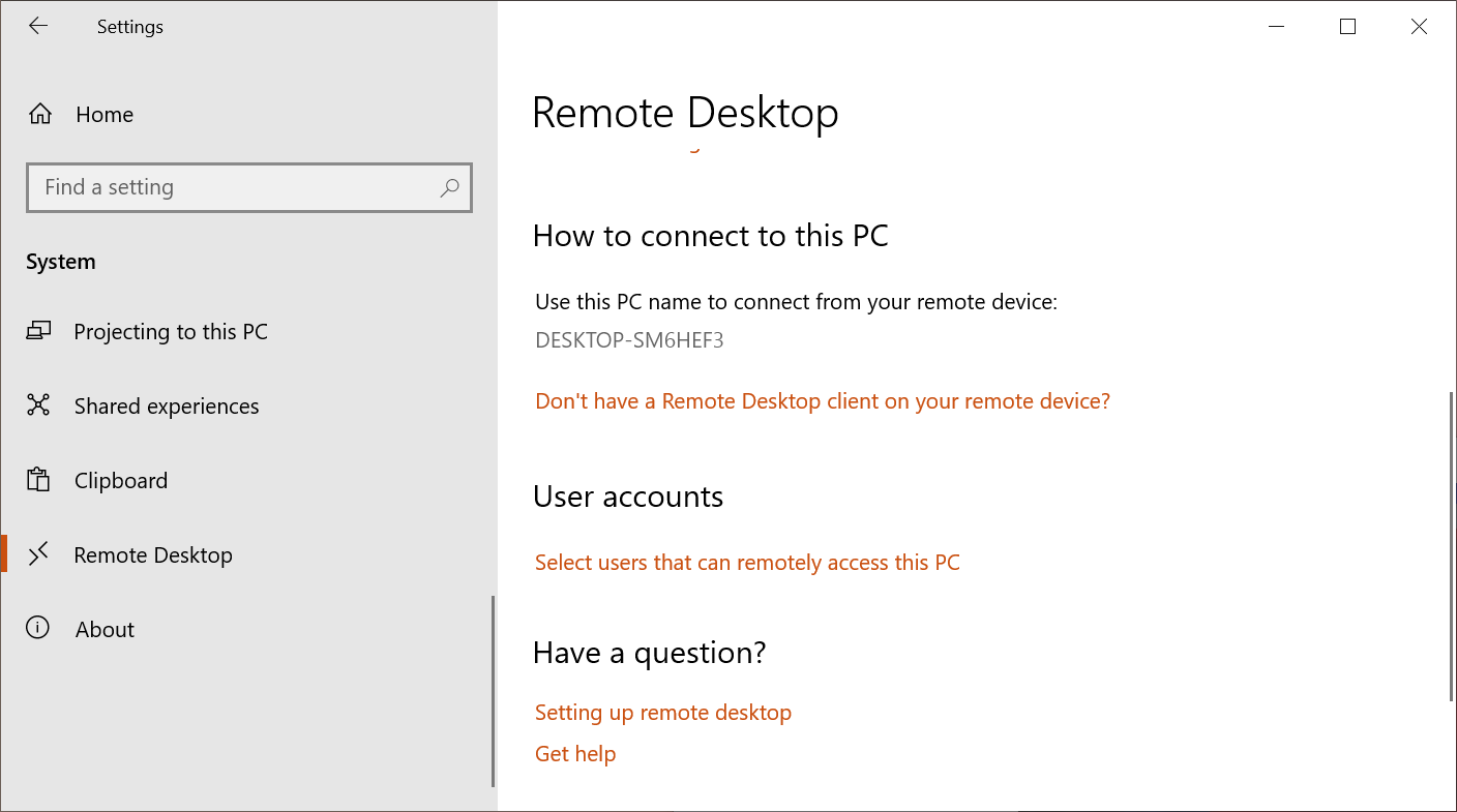 Настройки подключения — имя ПК