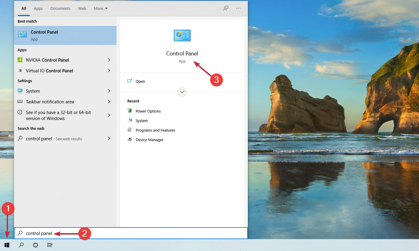 Открытие Панели управления через меню Пуск