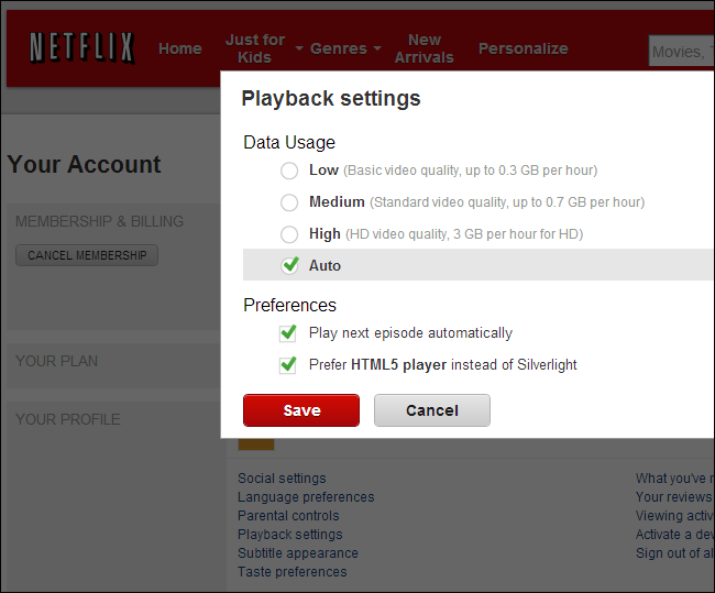 Настройки Netflix: выбор уровня использования данных