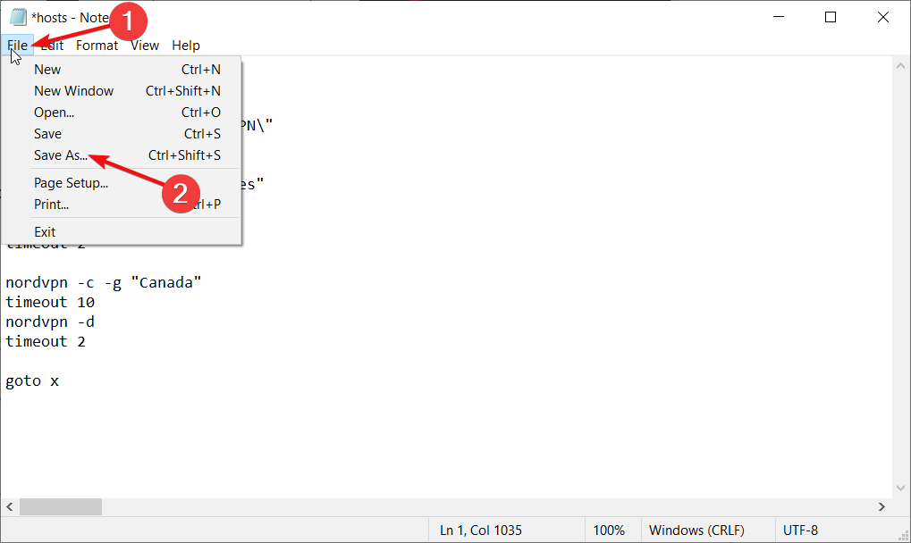 Пример: создание файла NordVPN.bat