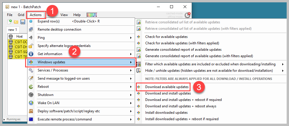 In the menu bar, click Actions > Windows updates > Download available updates