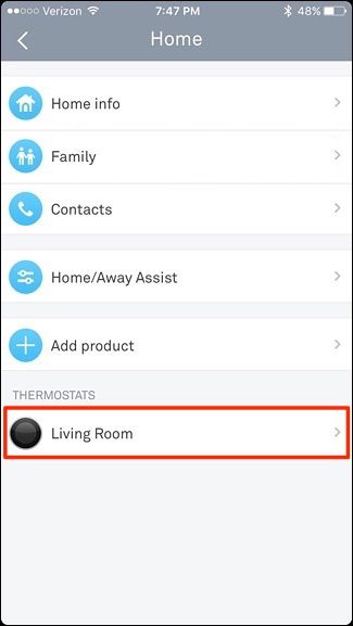 Выберите термостат в приложении Nest