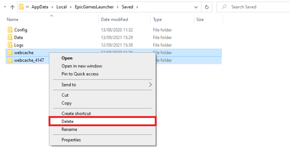 Папки Epic Games Launcher с webcache