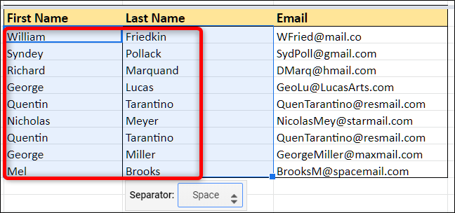 Данные автоматически разделены и перенесены в соседние столбцы
