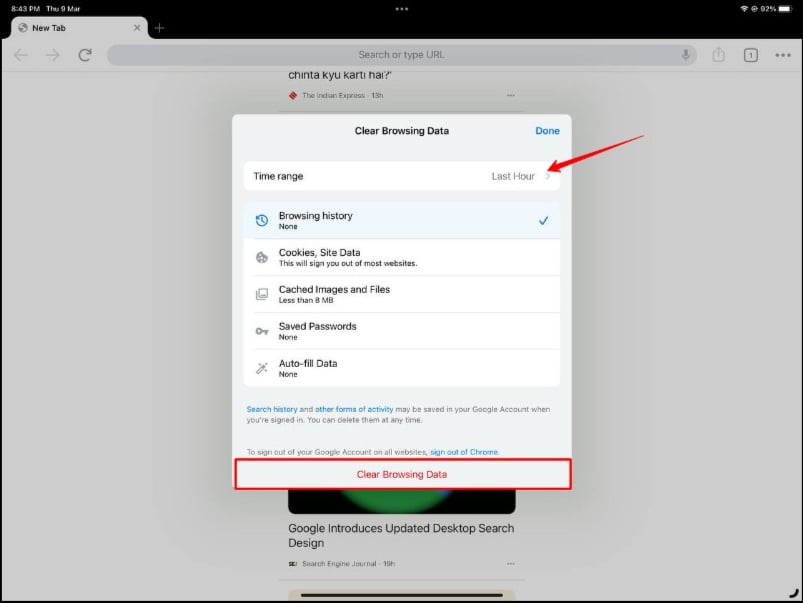 Очистка данных в мобильном браузере на iPad