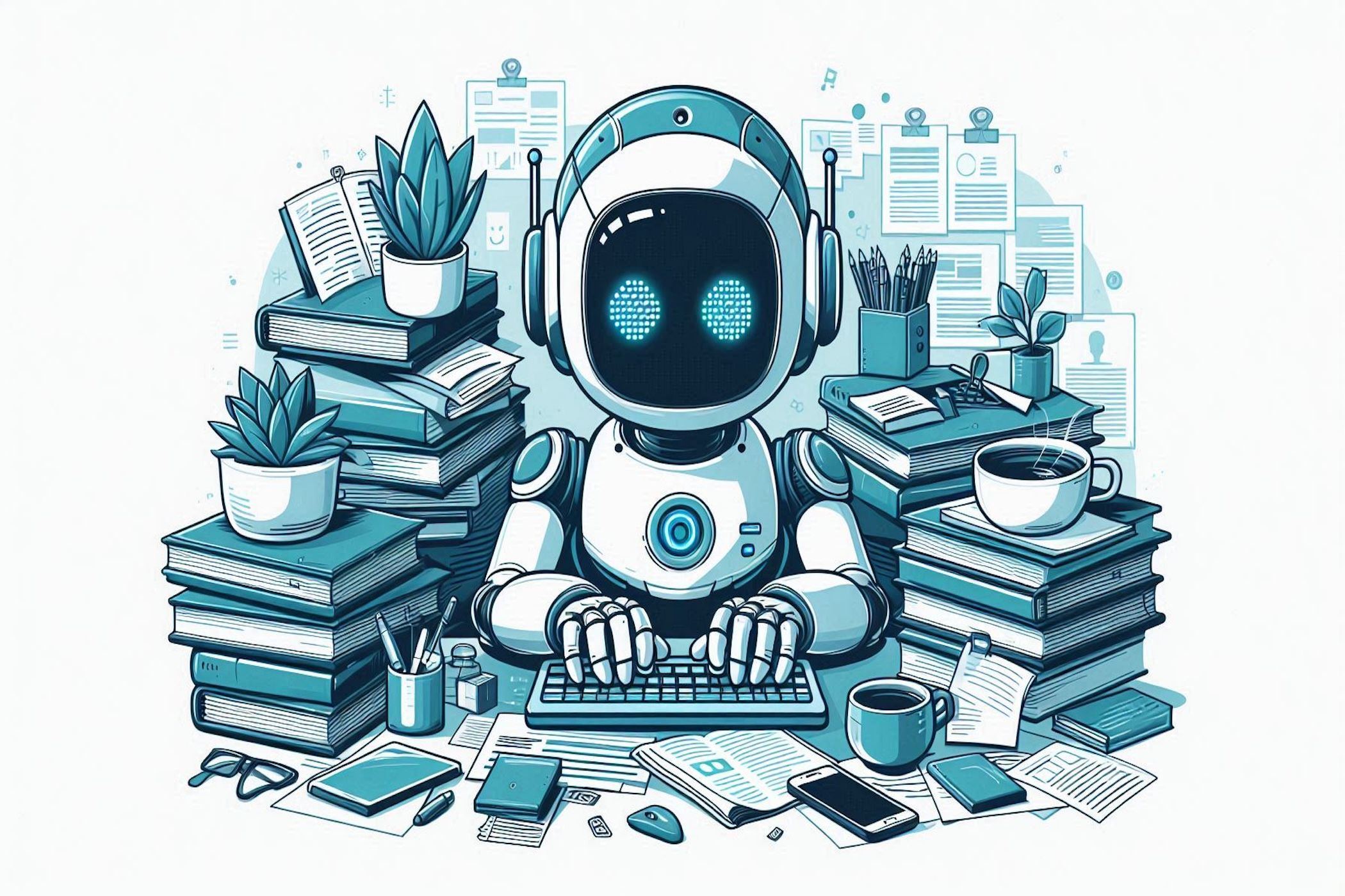 AI-чат-бот сидит за столом дома.