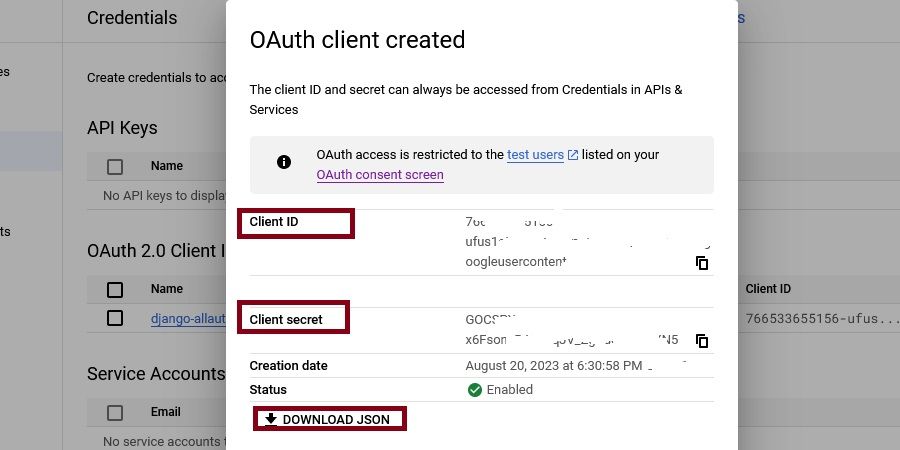 Копирование или скачивание OAuth учётных данных