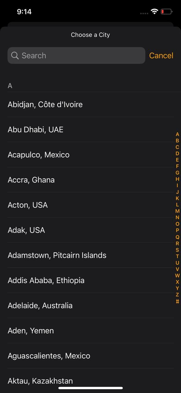 Choose a city in iPhone World Clock