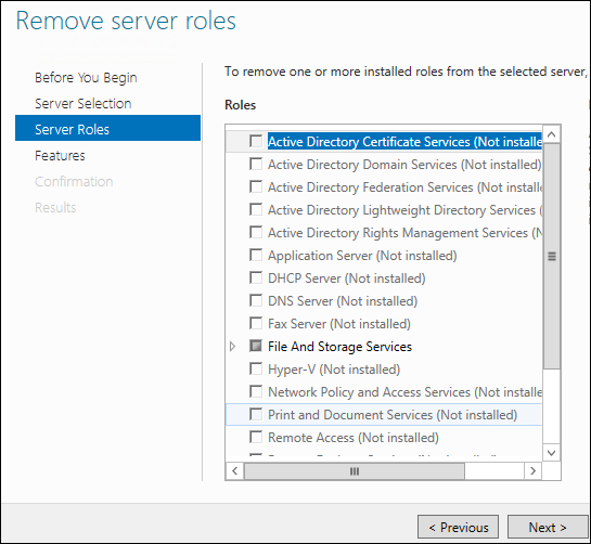 Страница Roles при удалении ролей и функций