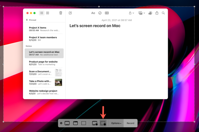 Запись выделенной области