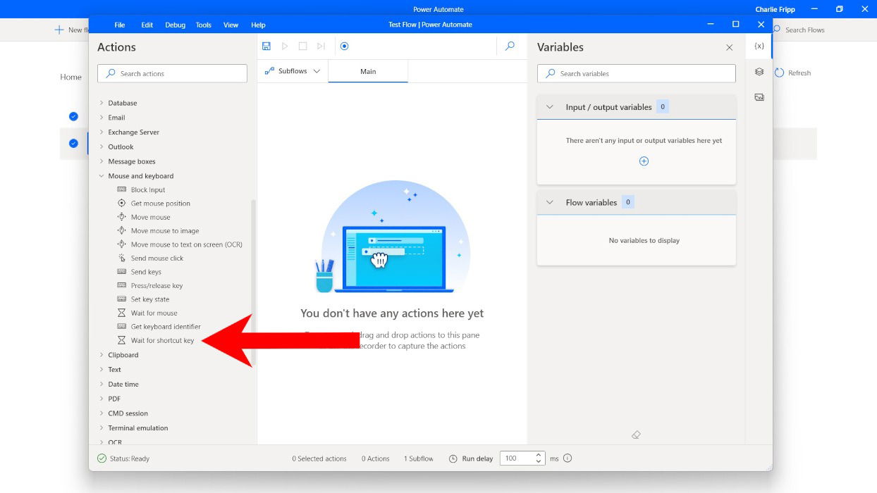 Выбор действия из левой панели в Power Automate