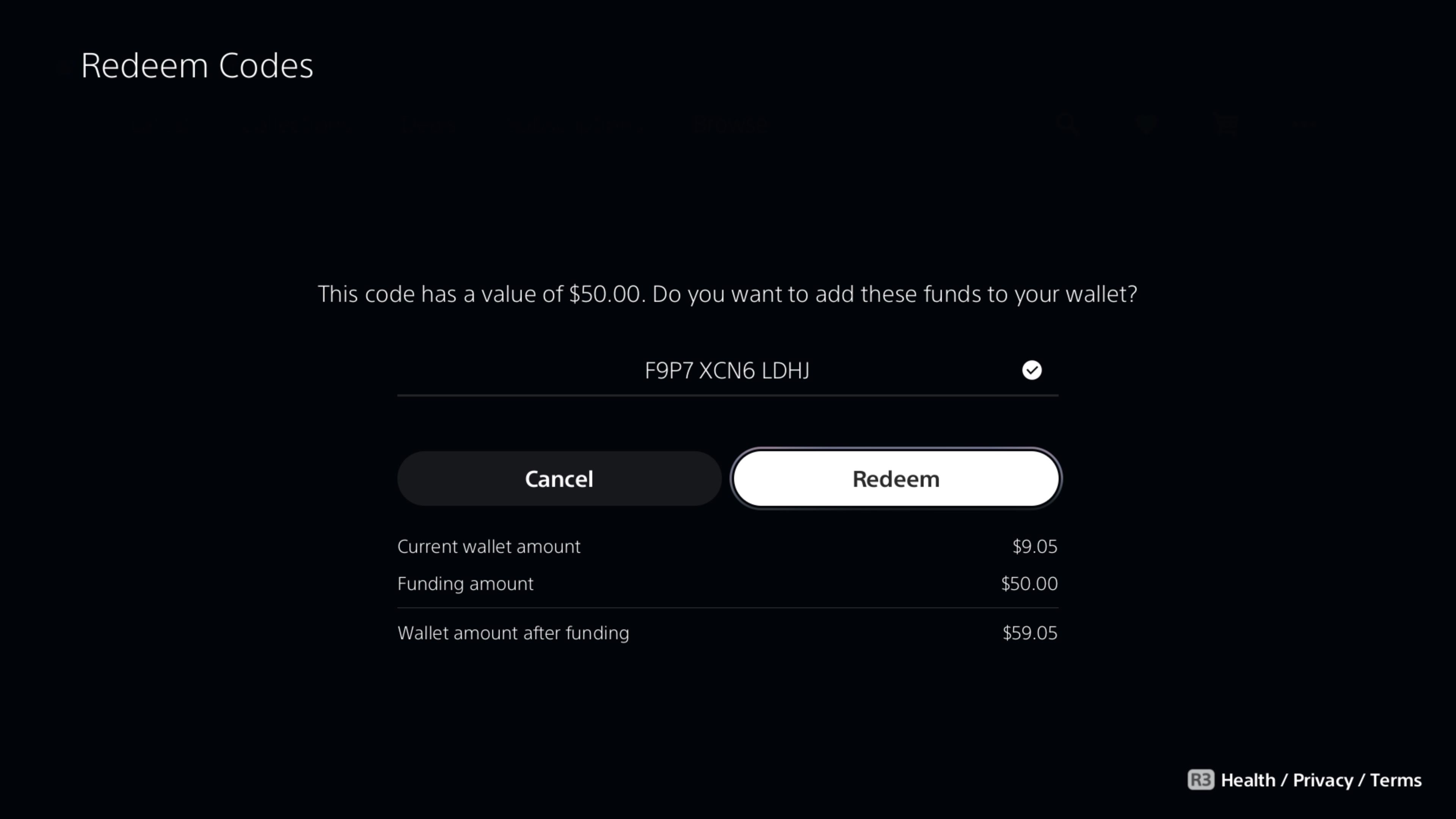 Окно ввода кода подарочной карты PS Store на PS5