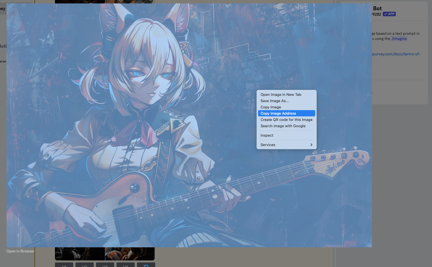 Копирование ссылки изображения из интерфейса бота Discord.
