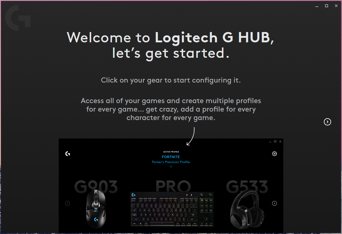 Нажмите стрелку для продолжения установки G Hub