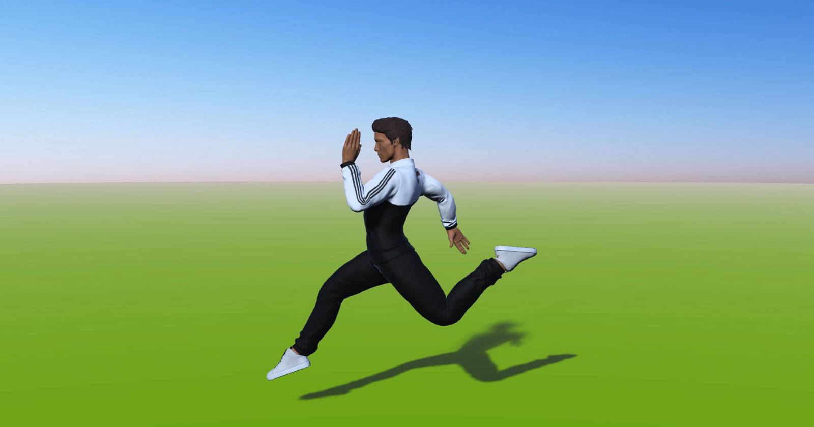 Поза 3D-модели в спортивном костюме, прыжок над травой