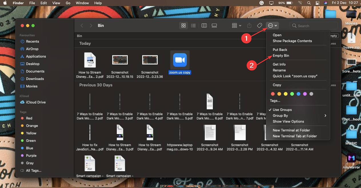 Корзина на macOS с удалённым приложением Zoom