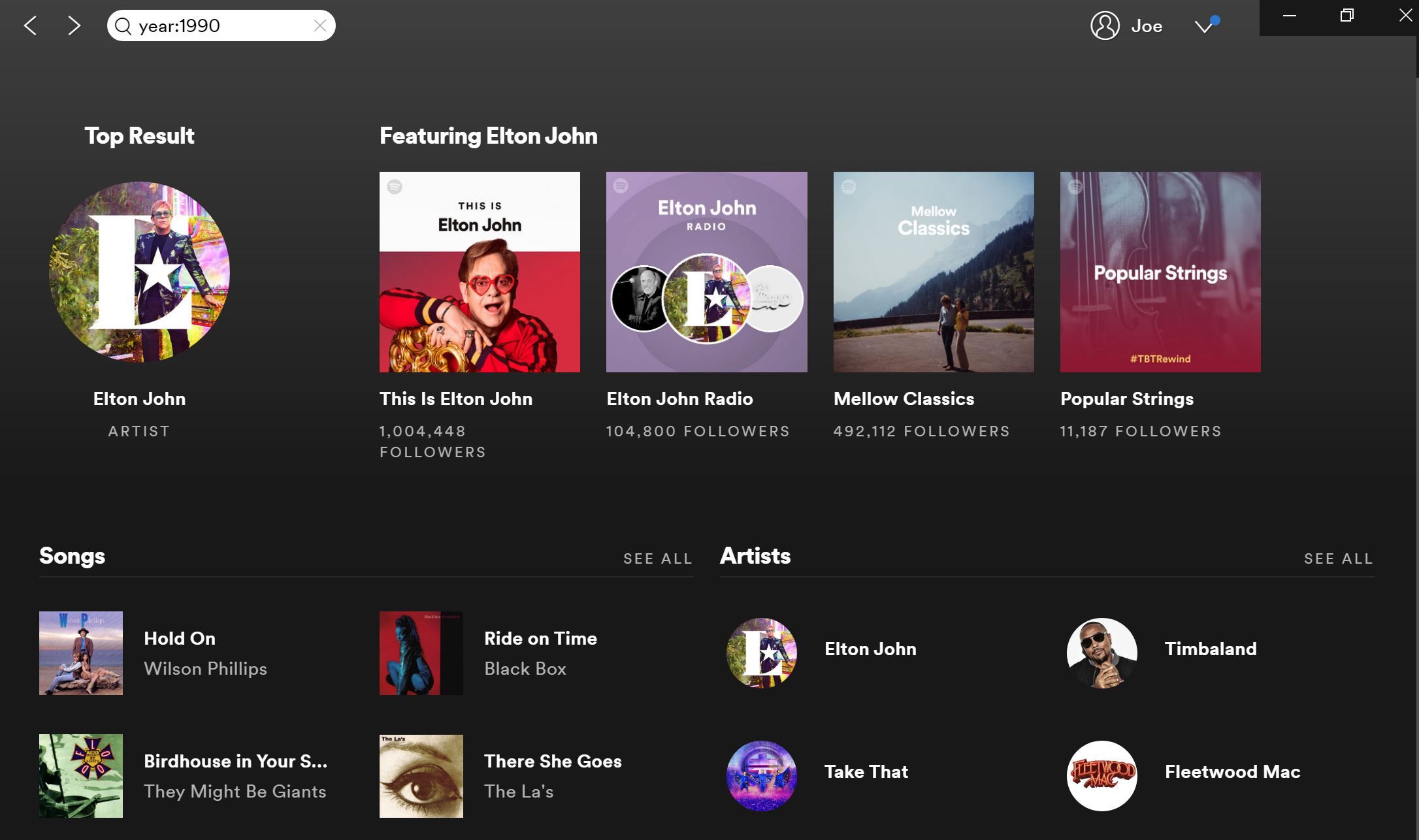 Результаты поиска по году выпуска в Spotify