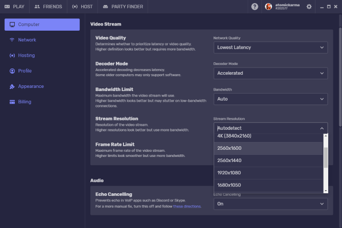 Настройки качества стрима в Parsec