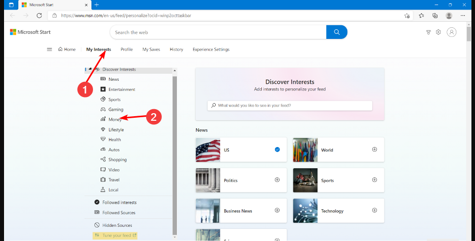Страница Microsoft Start: раздел My Interests с параметром Money