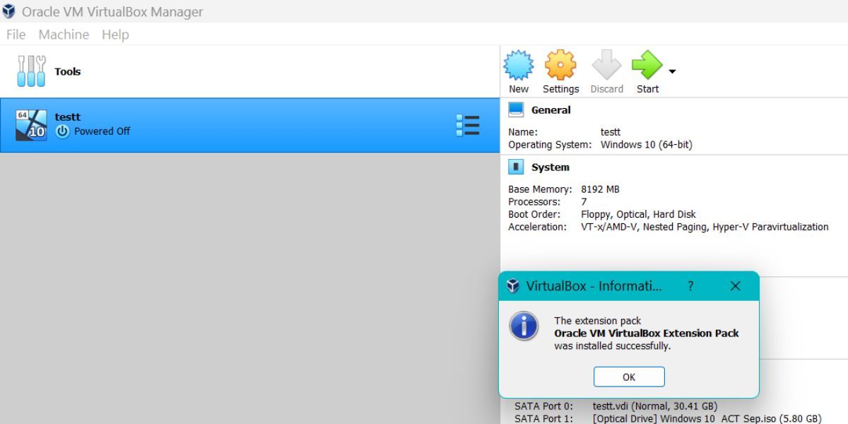 Успешная установка VirtualBox Extension Pack