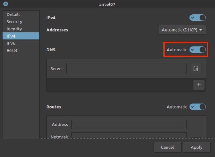 Снимок: вкладка IPv4 с автоматическими настройками