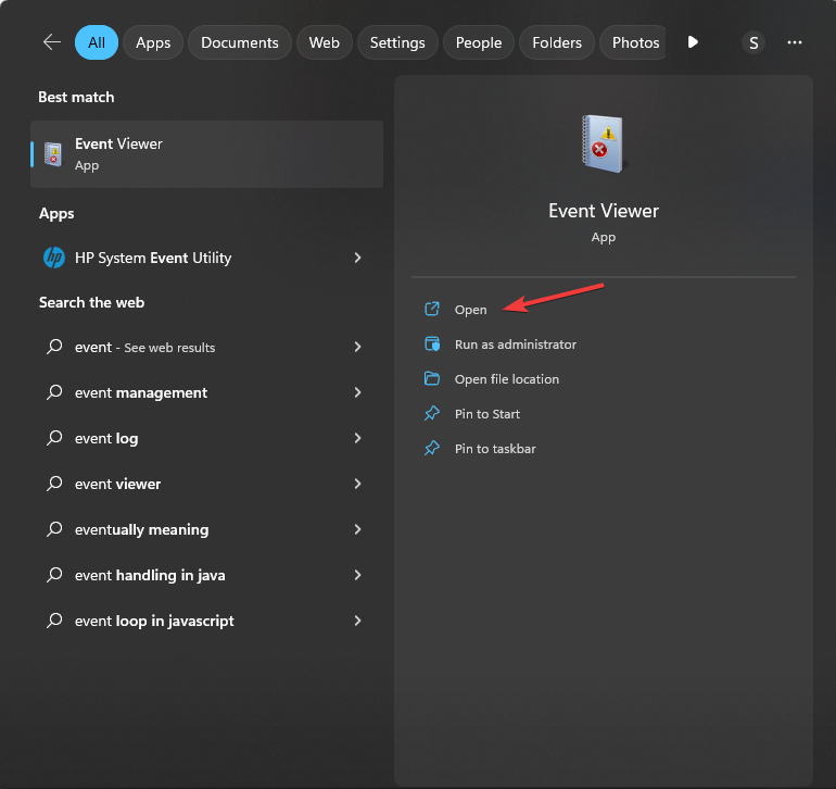 Открыть Просмотр событий