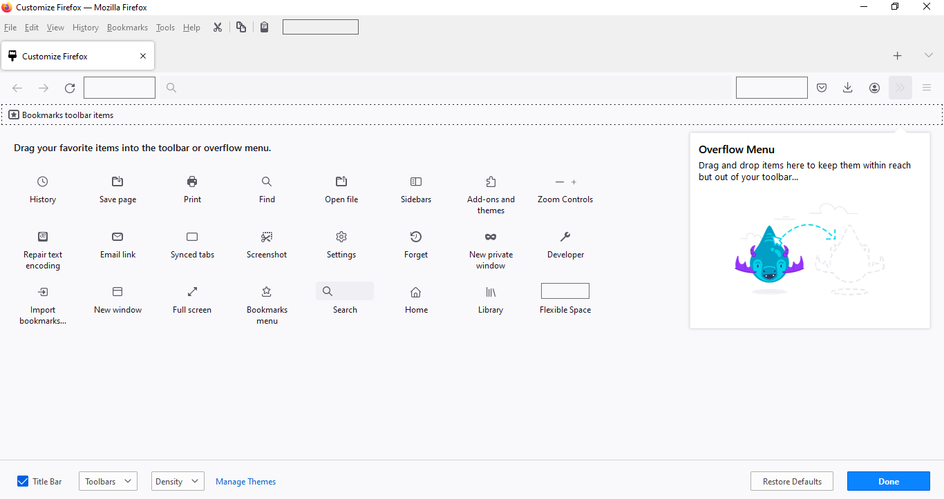 Параметры настройки: заголовок и панели в Firefox