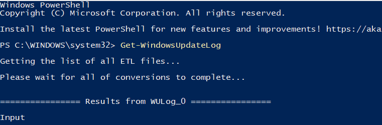 Get-WindowsUpdateLog 명령으로 생성한 업데이트 로그 파일