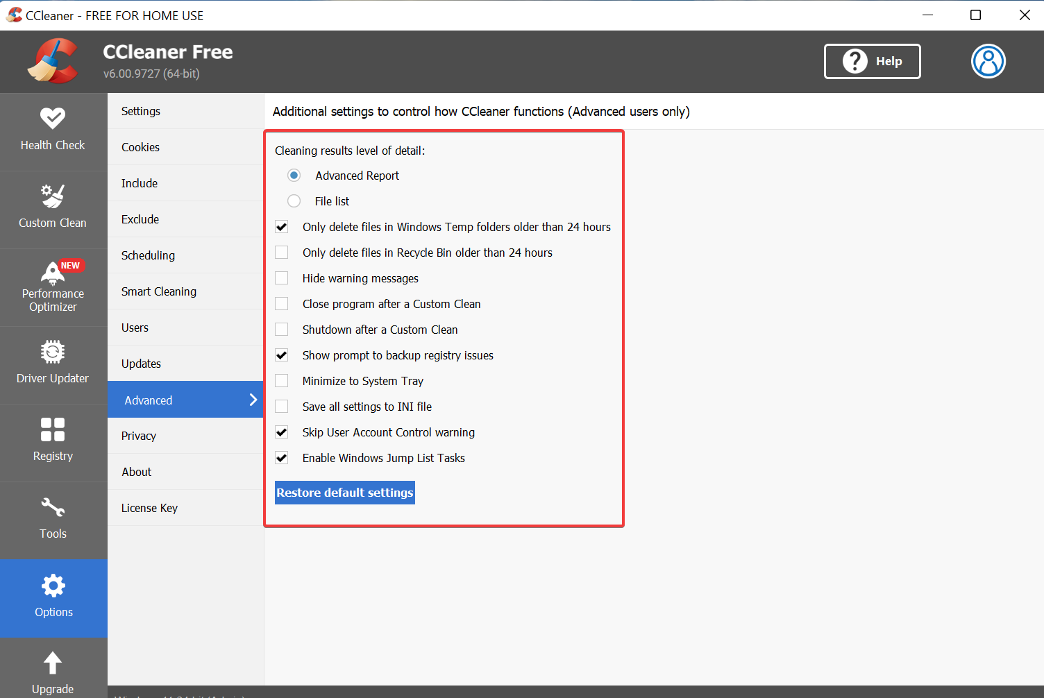 Список расширенных параметров CCleaner