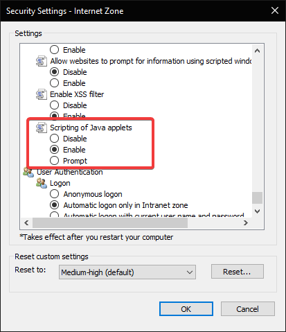 Включение сценариев для Java-апплетов