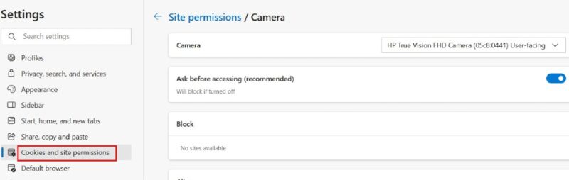 Включение запроса доступа к камере в Edge