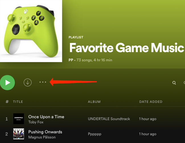 Нажмите значок с тремя точками на странице плейлиста в Spotify на компьютере