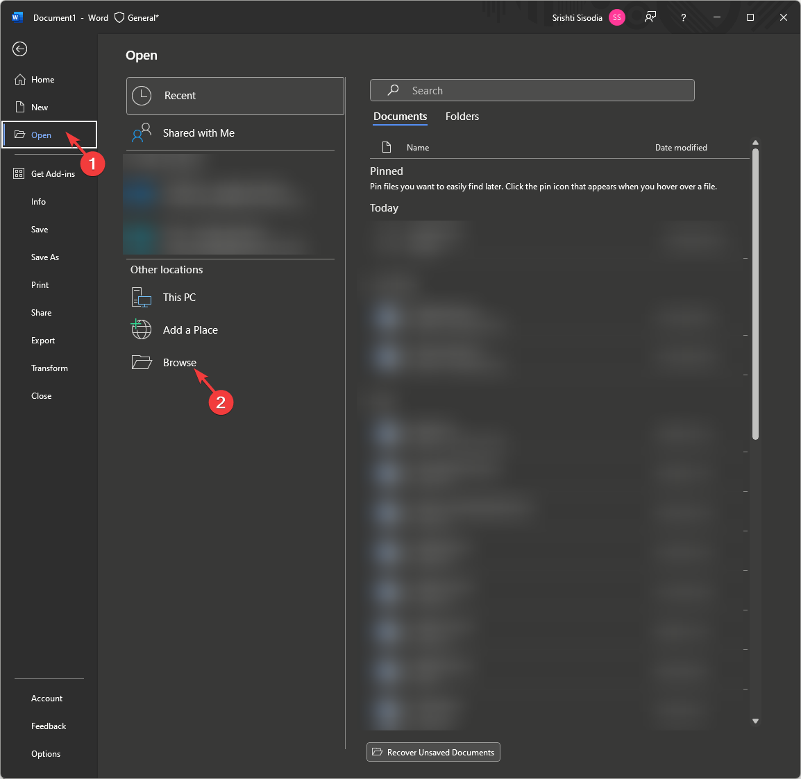 Диалог Открыть файл в Word