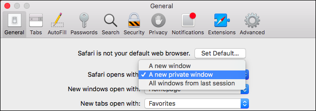 Опция запуска Safari с приватным окном