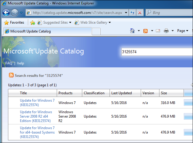 Пакеты KB3125574 для 32/64 бит
