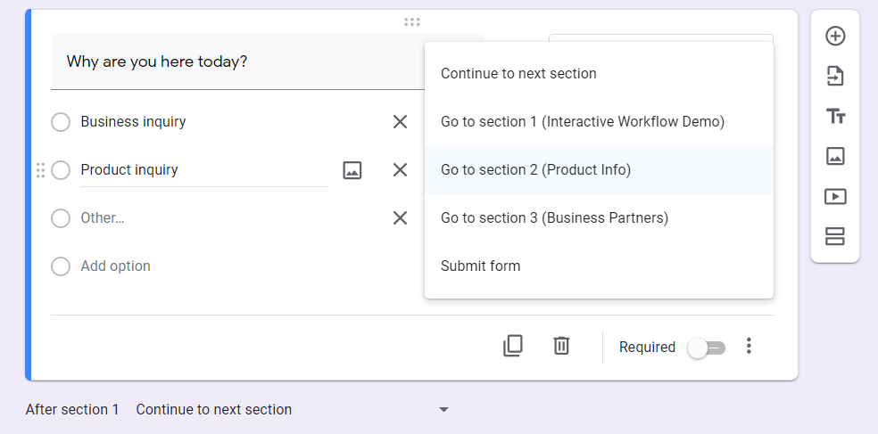 Варианты перехода по разделам в вопросе с ветвлением