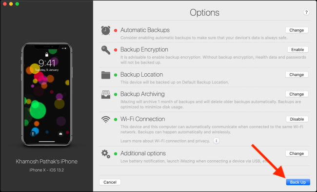 Нажмите кнопку Back Up в iMazing для запуска резервной копии