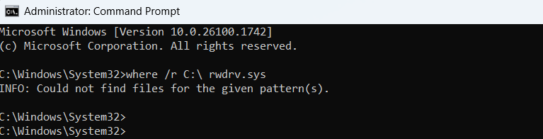 コマンドプロンプトでrwdrv.sysを検索するスクリーンショット