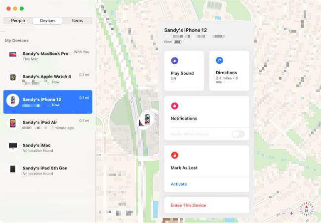 Положение устройства в Локаторе на Mac