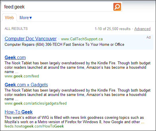 Скриншот: пример поиска feed:geek