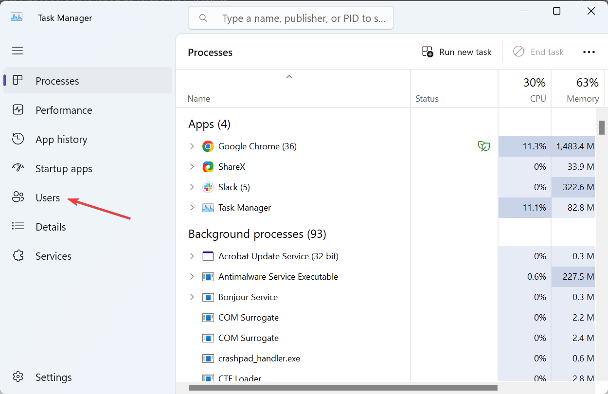 Вкладка «Пользователи» в Диспетчере задач