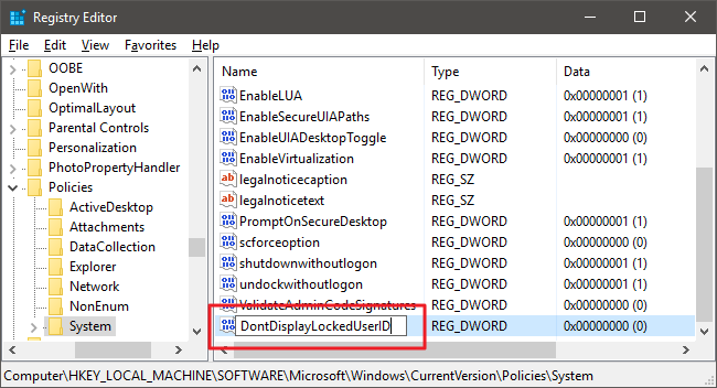 Настройка значения DontDisplayLockedUserID = 3 в реестре