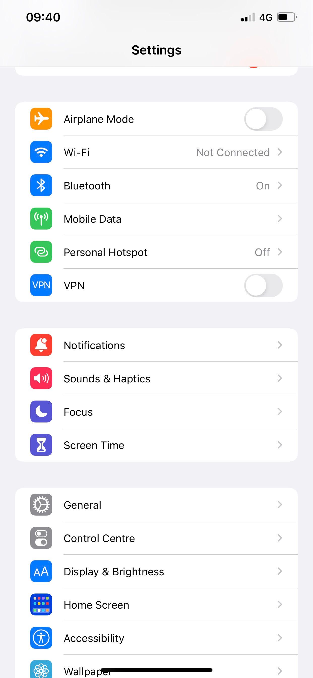 iPhone Settings Menu